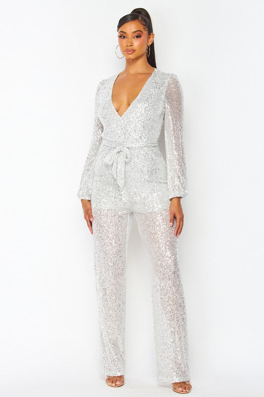 Long Sleeved Sequins Jumpsuit with Self Tie Belt