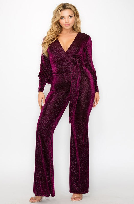 Plus Size Glitter Fabric Bishop Sleeve Belted Jumpsuit