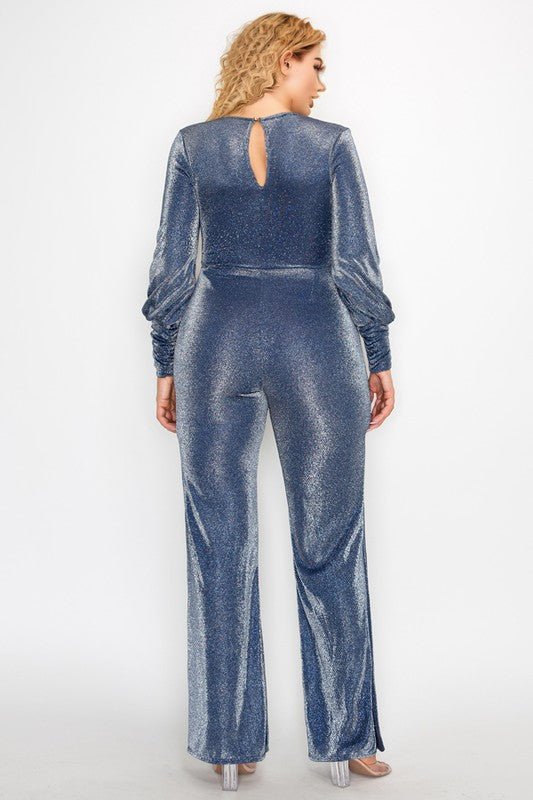 Plus Size Glitter Fabric Bishop Sleeve Belted Jumpsuit