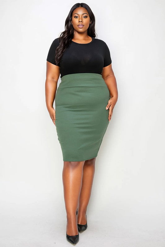 Plus Size Solid Pencil Midi Skirt