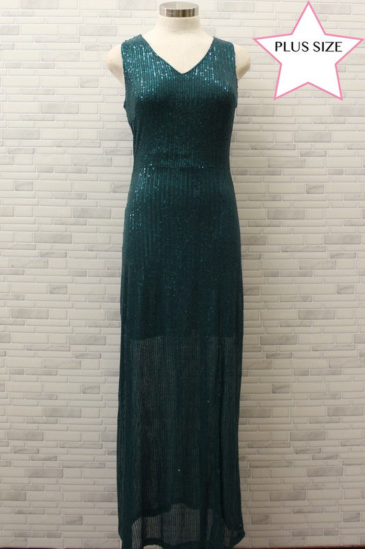 Plus Size Sleeveless Maxi Sequin Dress Left Leg Slit