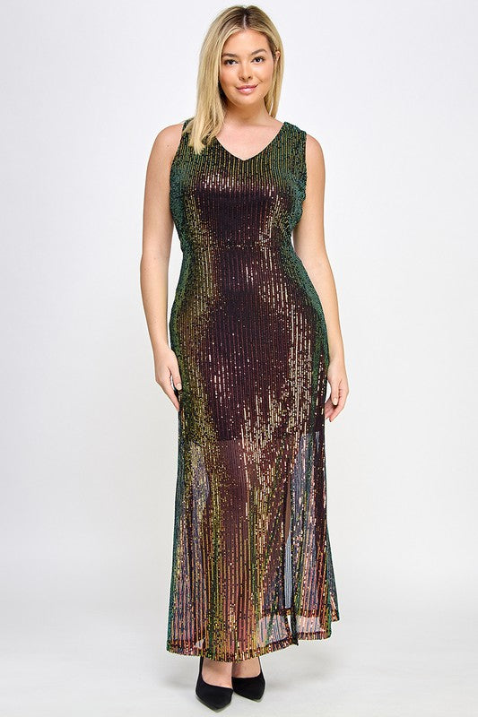 Plus Size Sleeveless Maxi Sequin Dress Left Leg Slit