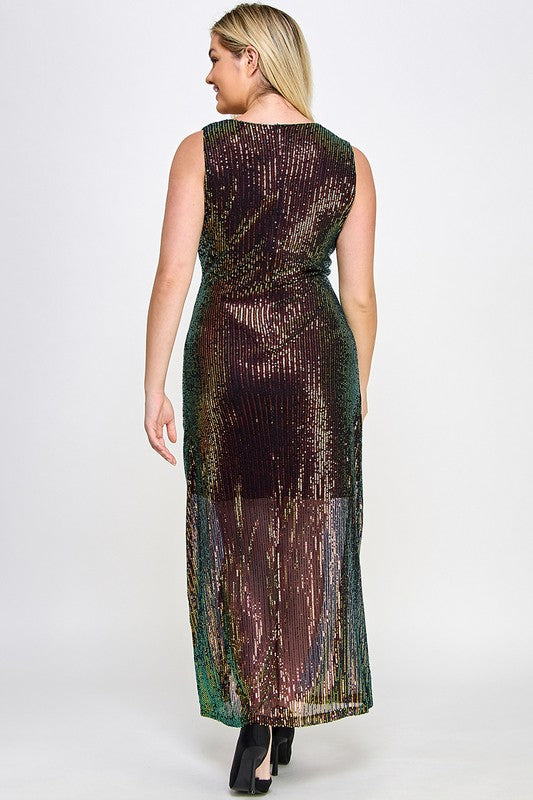Plus Size Sleeveless Maxi Sequin Dress Left Leg Slit