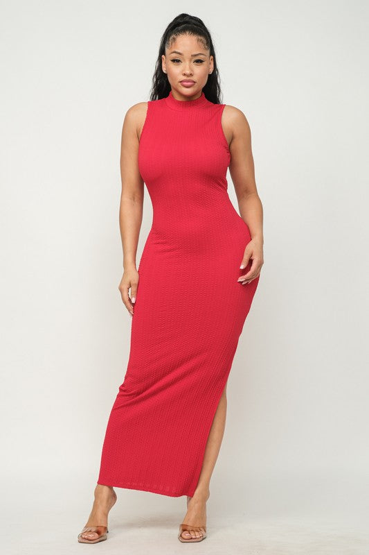 Red Braid Jacquard Mock Neck Bodycon Dress with Side Split