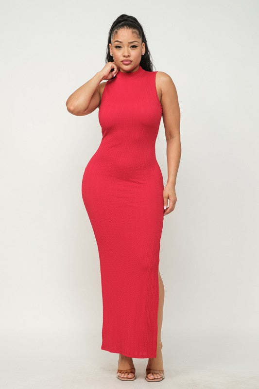 Red Braid Jacquard Mock Neck Bodycon Dress with Side Split