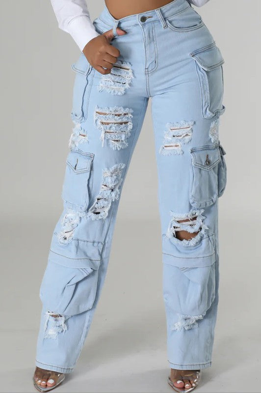 High Rise Multi Pockets Distressed Cargo Jeans