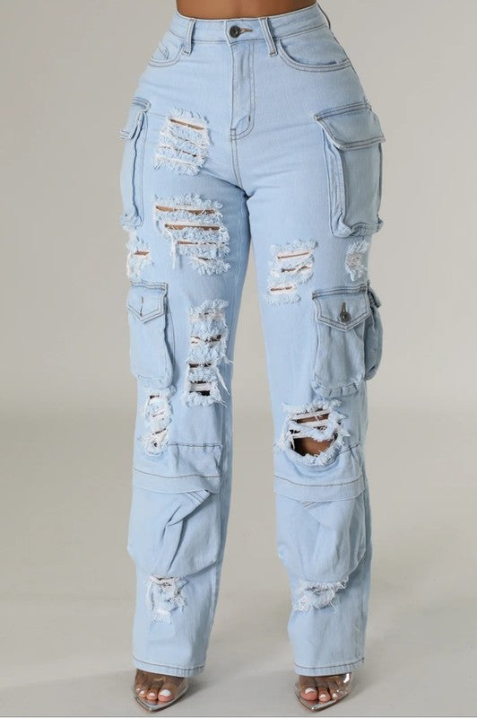High Rise Multi Pockets Distressed Cargo Jeans