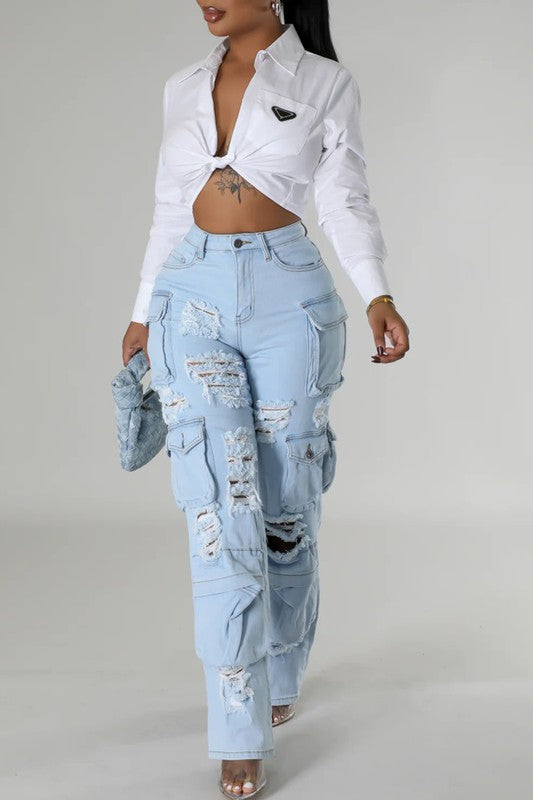 High Rise Multi Pockets Distressed Cargo Jeans