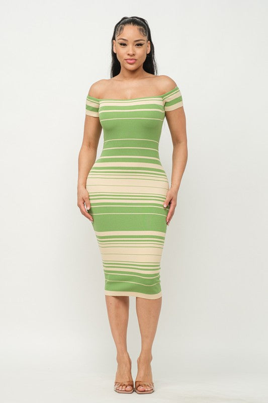 Women's Stripe Off the Shoulder Midi Dress