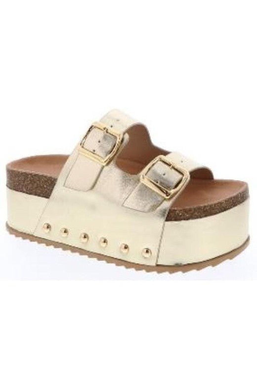 Platform Cork Footbed Double Buckle Slides