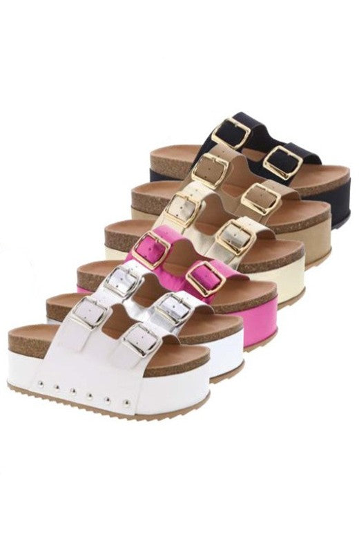 Platform Cork Footbed Double Buckle Slides