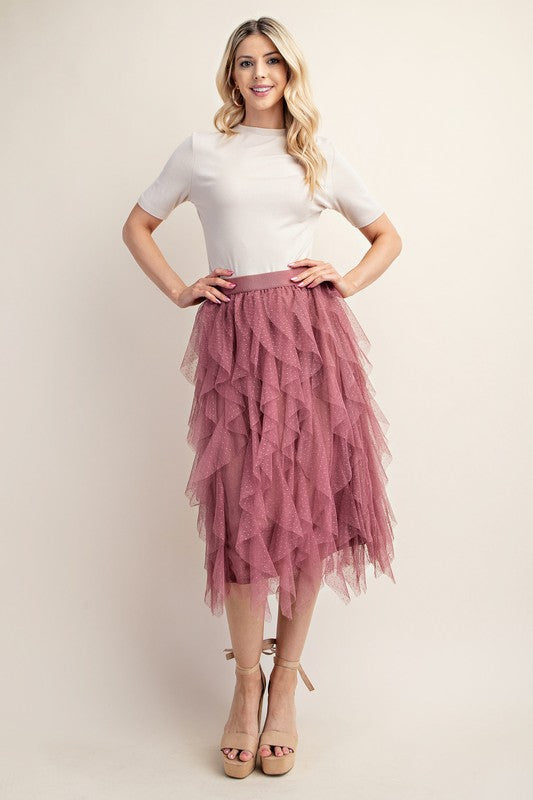 Solid Color Embellished Tulle Layer Midi Skirts
