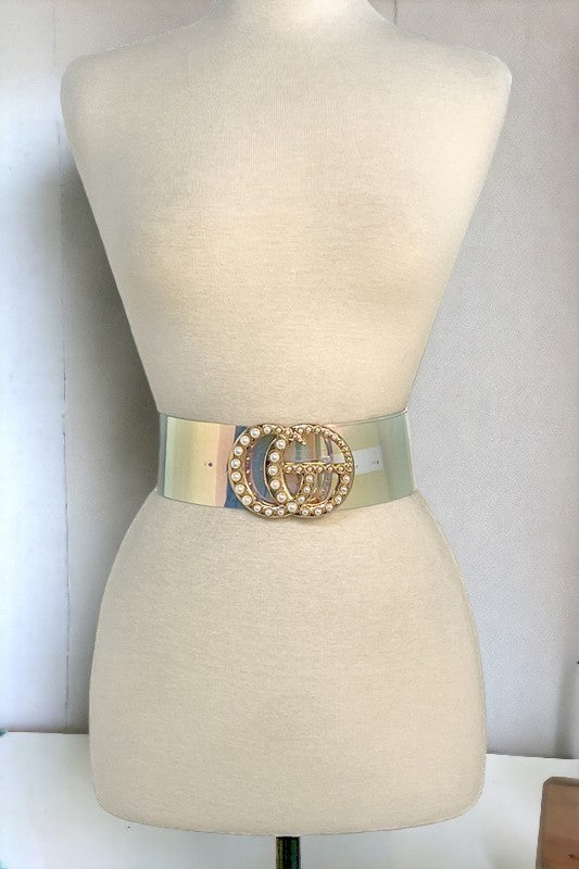 CG Faux Leather Pearl Buckle Accent Fashion Belt