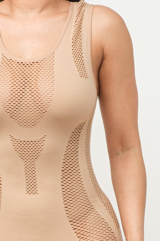 Seamless Scoop Neck All Over Fishnet Detail Romper