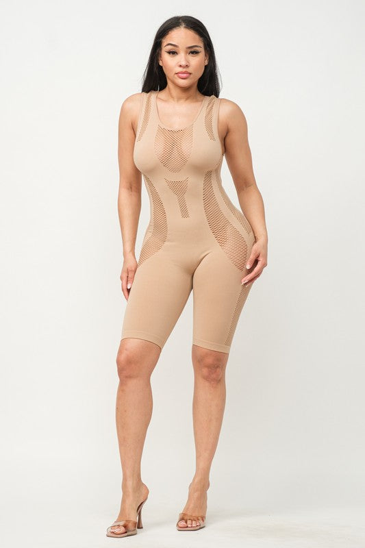 Seamless Scoop Neck All Over Fishnet Detail Romper