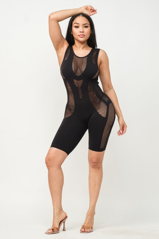 Seamless Scoop Neck All Over Fishnet Detail Romper