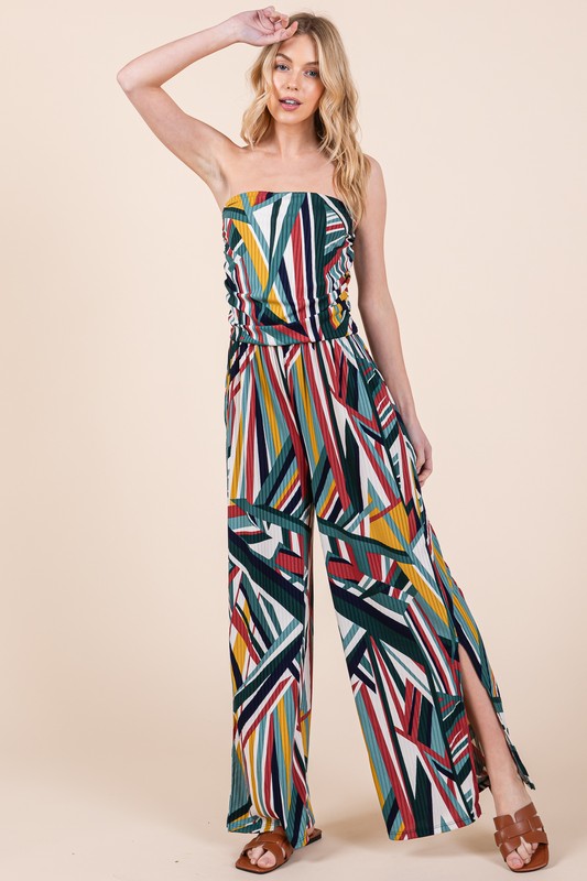 Women's Wide Leg Mix Print Jumpsuit with Pockets