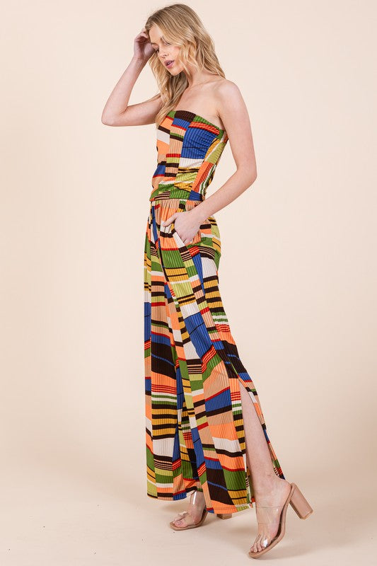 Women's Wide Leg Mix Print Jumpsuit with Pockets