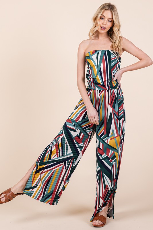 Women's Wide Leg Mix Print Jumpsuit with Pockets