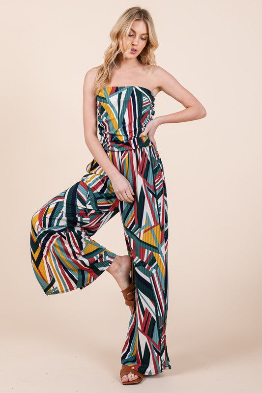 Women's Wide Leg Mix Print Jumpsuit with Pockets