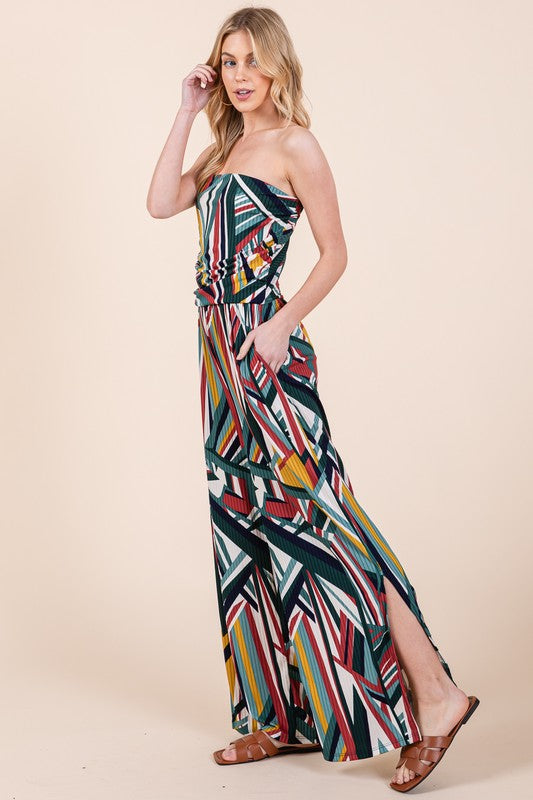 Women's Wide Leg Mix Print Jumpsuit with Pockets