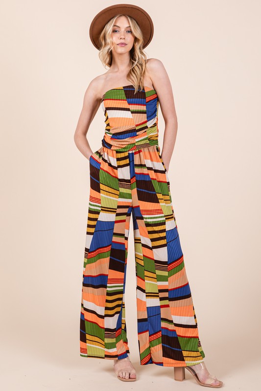 Women's Wide Leg Mix Print Jumpsuit with Pockets