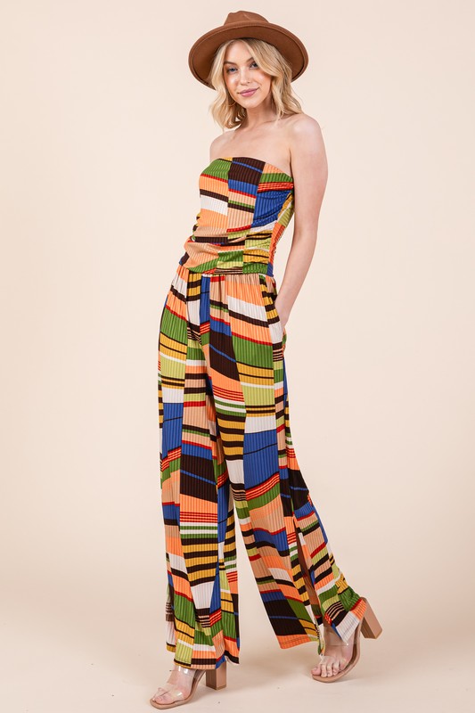 Women's Wide Leg Mix Print Jumpsuit with Pockets