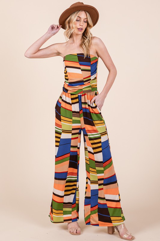Women's Wide Leg Mix Print Jumpsuit with Pockets