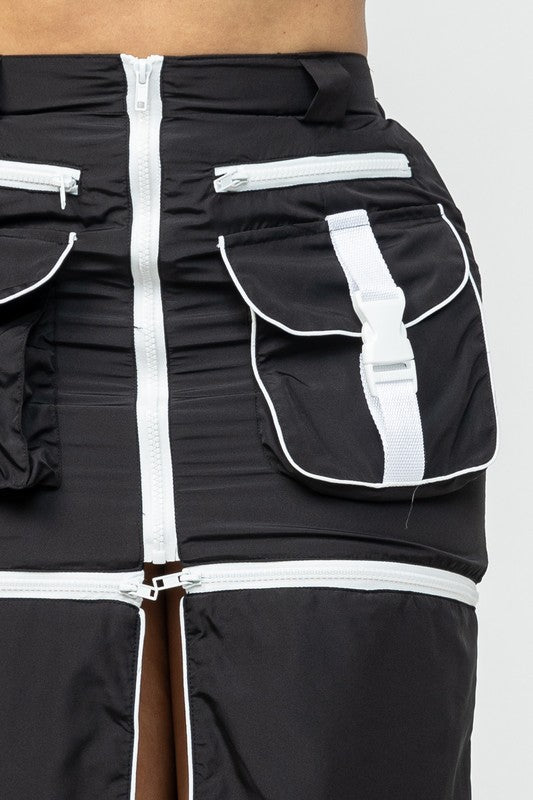Front Zipper Side Pockets Midi Cargo Skirt