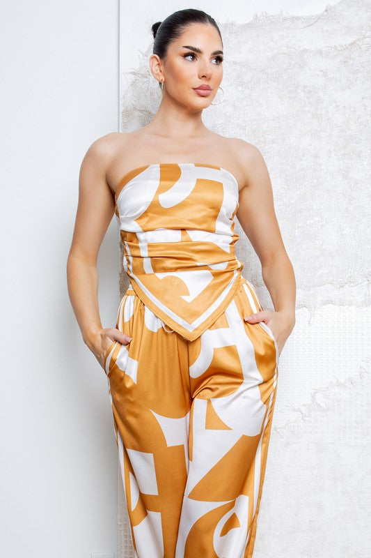 Strapless Satin Effect Scarf Top and Pants Set