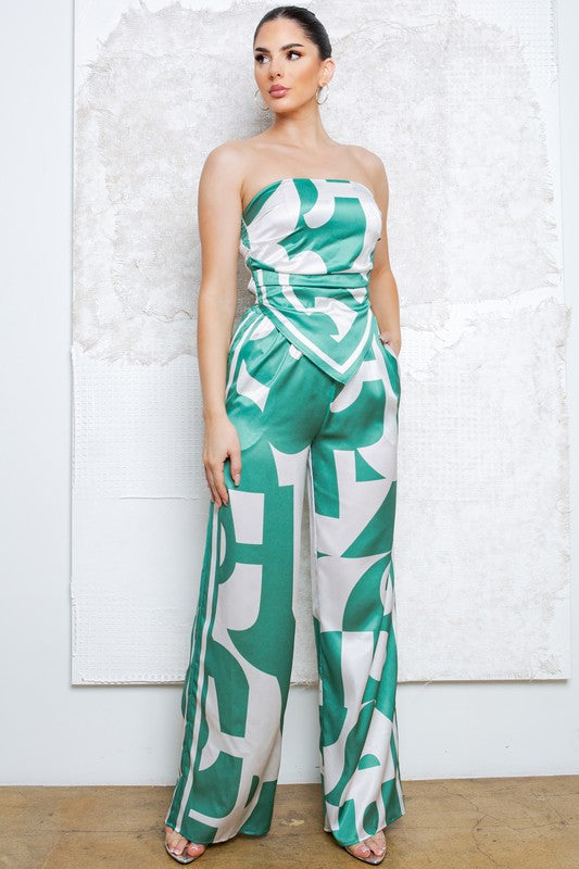 Strapless Satin Effect Scarf Top and Pants Set