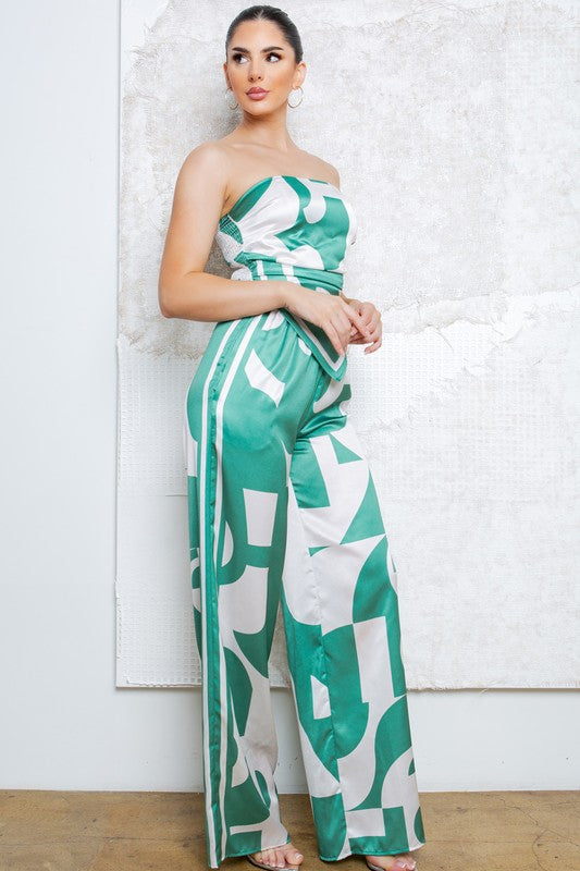 Strapless Satin Effect Scarf Top and Pants Set