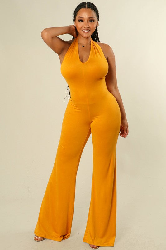 Women's Solid Color Halter Neck Wide Leg Jumpsuit