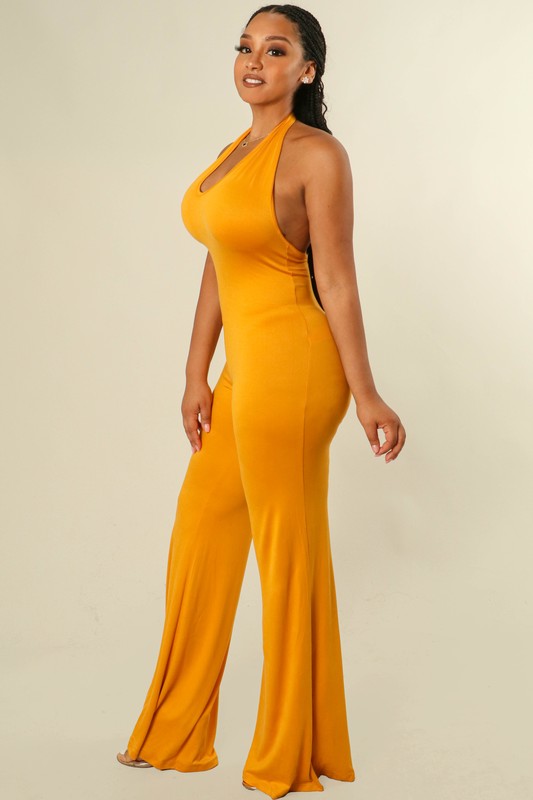 Women's Solid Color Halter Neck Wide Leg Jumpsuit