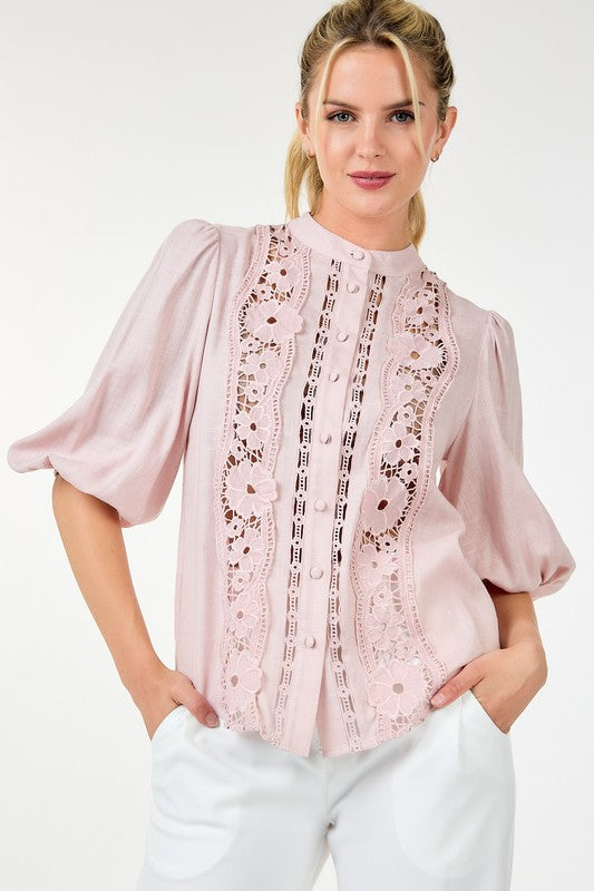 Women's 3/4 Lace Crochet Button Down Blouse