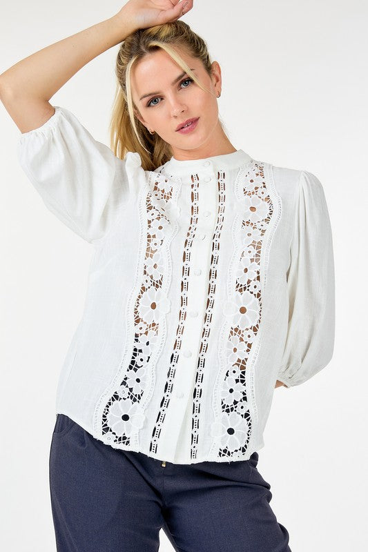 Women's 3/4 Lace Crochet Button Down Blouse