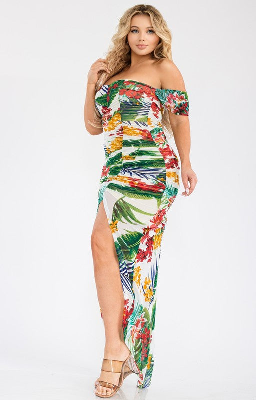 Plus Size Tropical Off the Shoulder Draped Maxi Dress