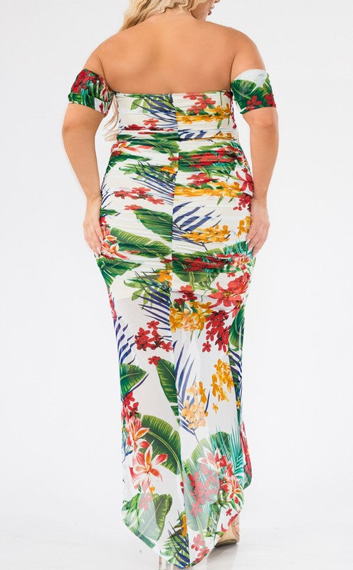 Plus Size Tropical Off the Shoulder Draped Maxi Dress