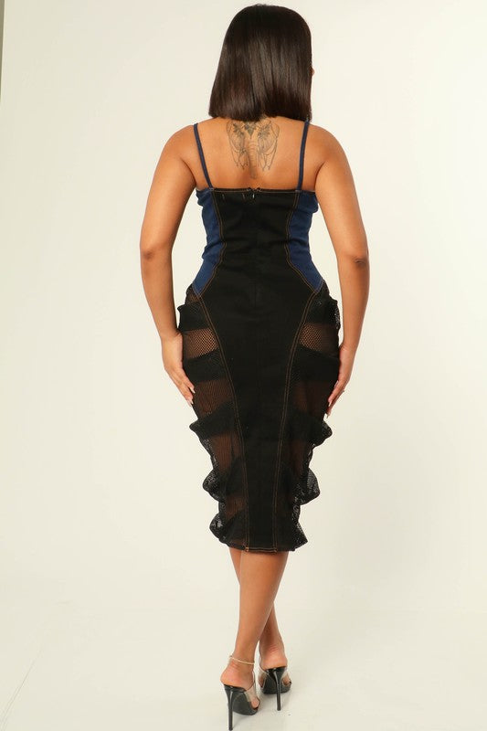 Denim and Mesh Panel Spaghetti Strap Midi Dress