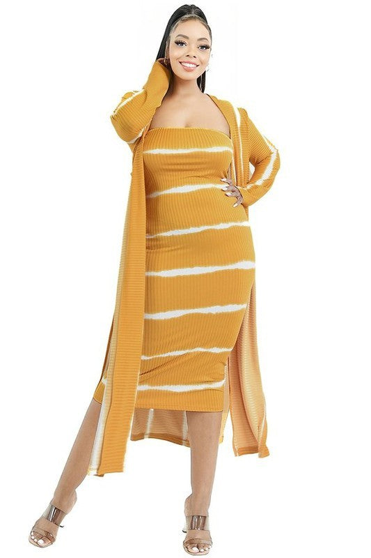Plus Size Tie Dye Stirpe Long Cardigan Tube Dress Set