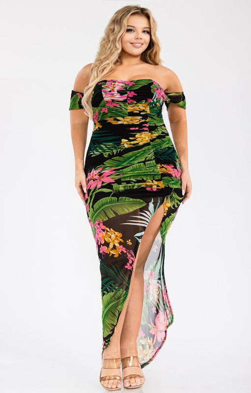 Plus Size Tropical Off the Shoulder Draped Maxi Dress