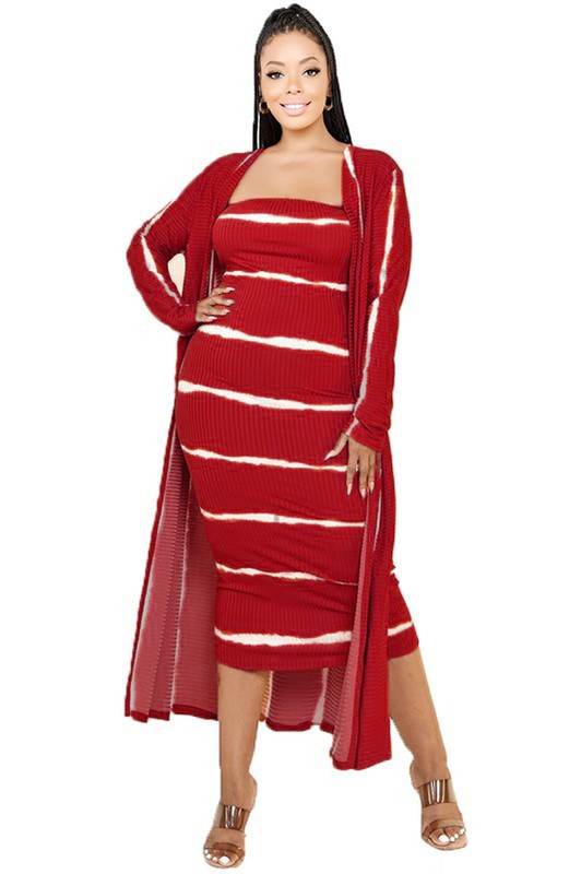 Plus Size Tie Dye Stirpe Long Cardigan Tube Dress Set