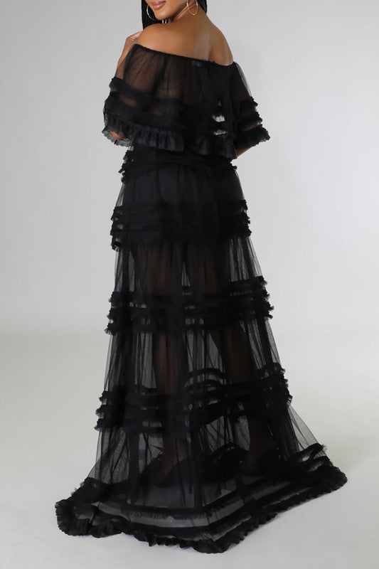 Off Shoulder Sheer detail Non-stretch Maxi Dress