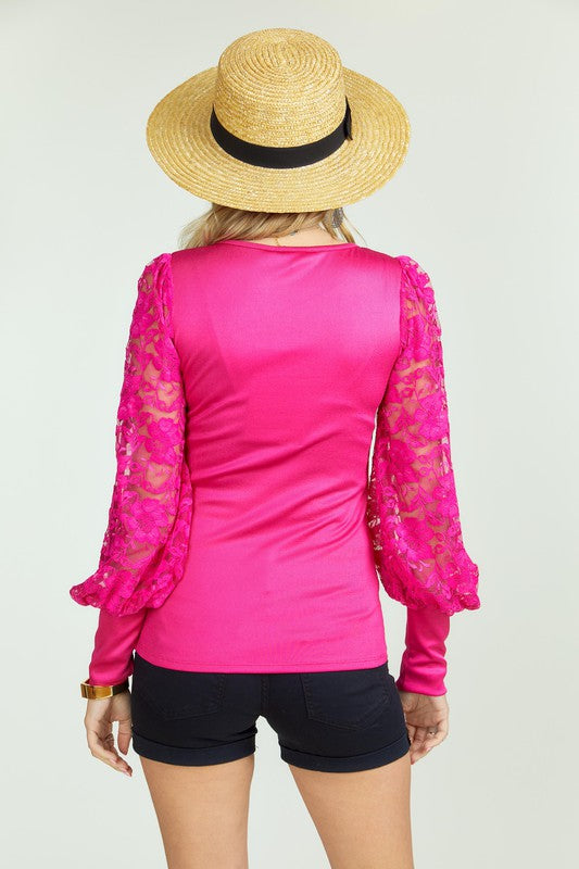 Women's Crew neck Lace Splicing Puff Sleeve Top