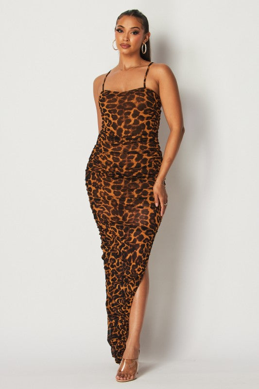 Women's Ruched Mesh Maxi Dress with Lining