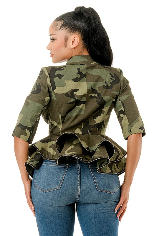 Plus Size Camouflage Peplum Ruffle Hem Blazer