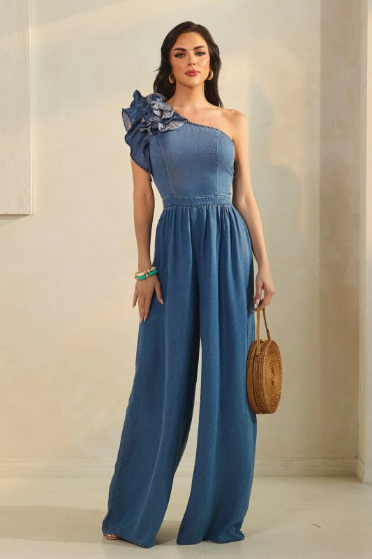 Women's Denim One Shoulder Corsage Jumpsuit