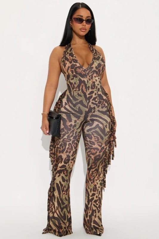 Women's Plus Size Leopard Halter Fringe Jumpsuit