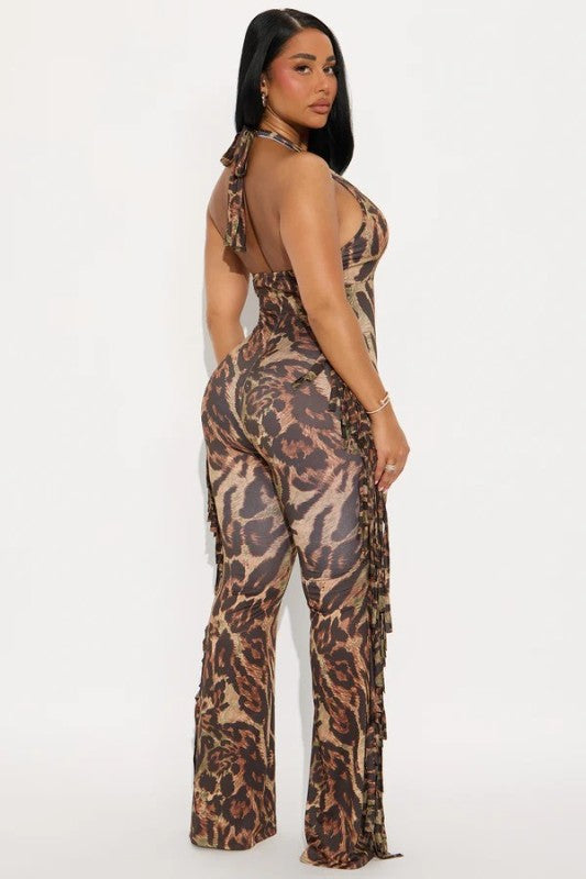 Women's Plus Size Leopard Halter Fringe Jumpsuit