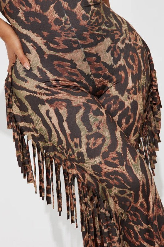 Women's Plus Size Leopard Halter Fringe Jumpsuit